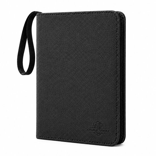 Zwarte George Napoli TCG binder met ritssluiting en polsbandje, gestructureerd PU leer.