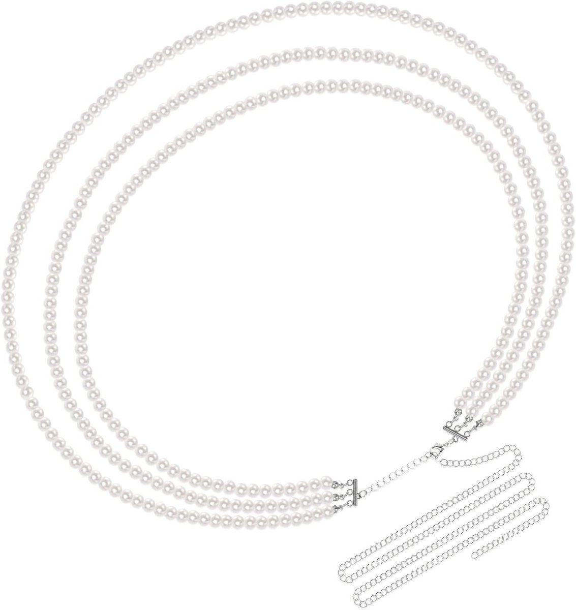 Elegante Plus Size Kettingriem voor Dames met 3 Lagen Witte Parels, Verstelbare Tailleketting van 85-150 cm, Ideaal voor Mode en Accessoires