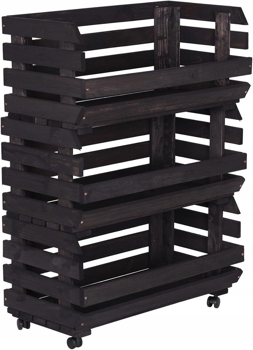 Houten Groentekist - Opbergkast Met - Voedsel Bewaren - Met Zwenkwielen - 57x79x30 Cm - Zwart