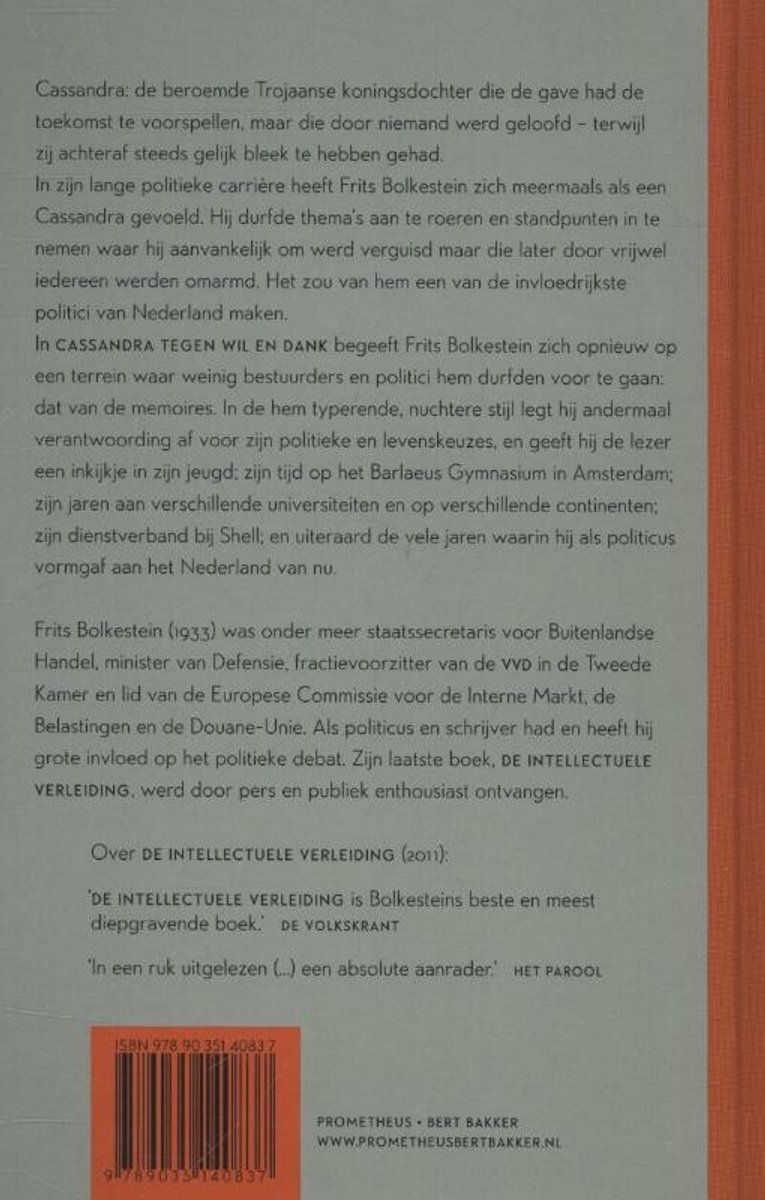 Achterkant van het boek 'Cassandra tegen wil en dank' met tekst en barcode.