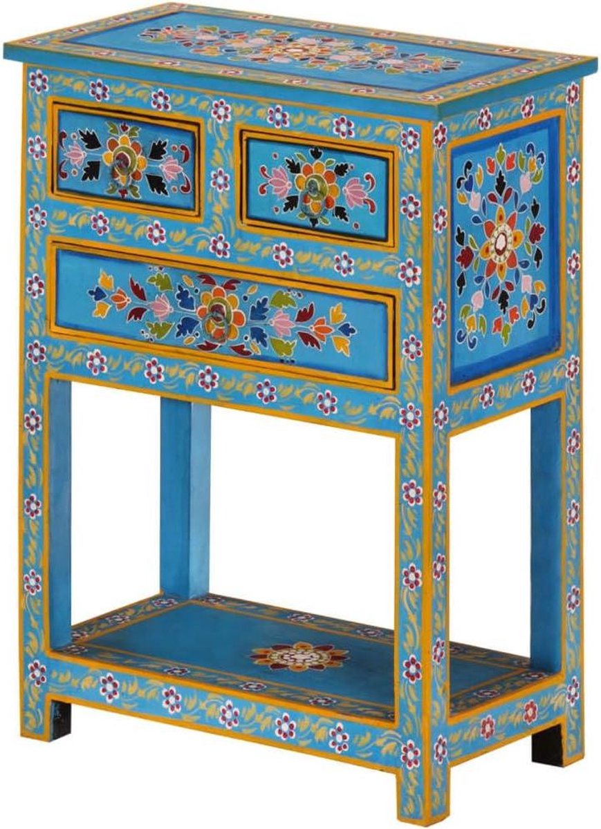 Houten Dressoir - Opbergkast Lades - Woonkamer Inrichten - Handgeschilderd Decor - 55 cm Breed - Turquoise