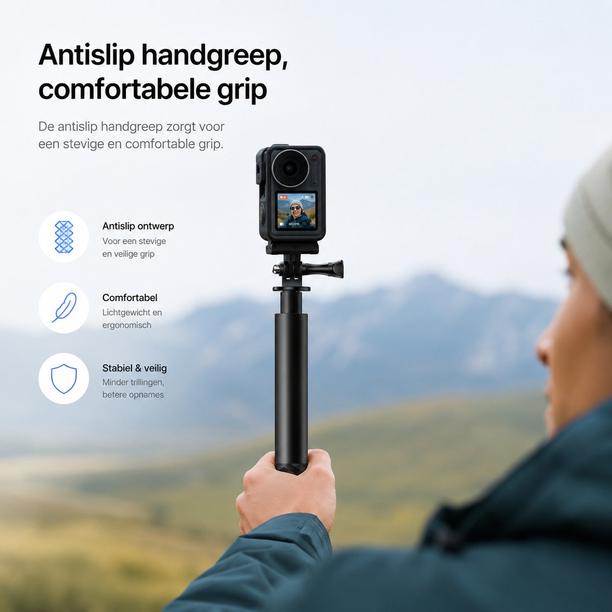 Sounix Telefoon Statief - Tripod Statief - SelfieStick voor actioncamera en smartphone - 114cm - met 1/4 Schroef voor GoPro, Action Cameras, DJI OSMO, Insta360 - Zwart thumbnail 2