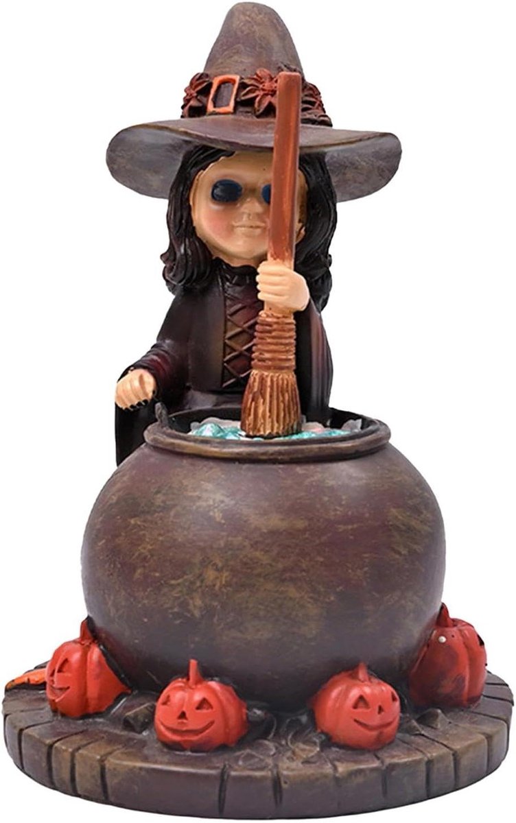Heksenbeeldje - Hars Beeldje - Halloween Decoratie - Ketel Bubble Design - 11.5 cm Hoog -