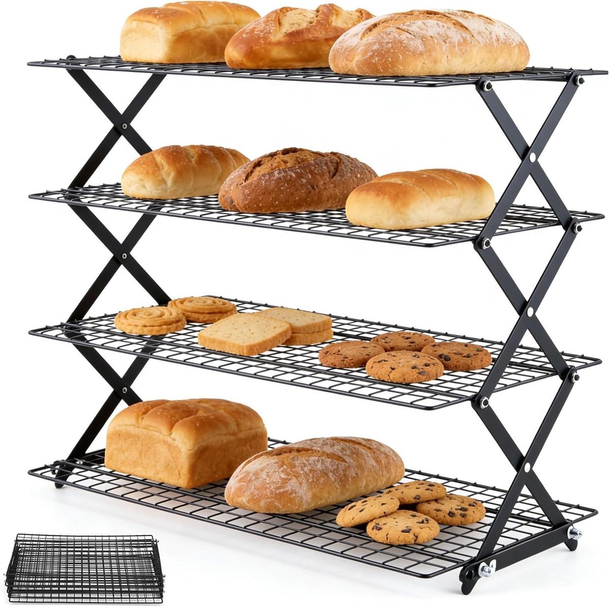 4 Tier Cooling Rack for Baking, Collapsible Non-Stick Wire Cake Rack, Space Saving Folding Cookie Oven Racks, Heavy Duty Kitchen Baking Accessories for Muffin, Cookie Pizza (39 x 25cm)