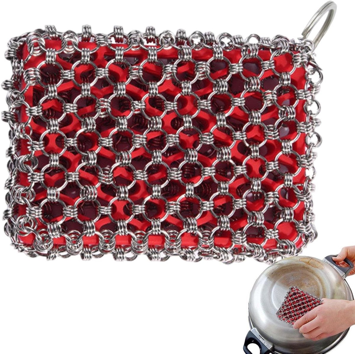 Roestvrij staal scrubber - Kettingreiniger Pan - Gietijzer Reinigen - Duurzaam Chainmail Design - 12 x 8 cm - Rood