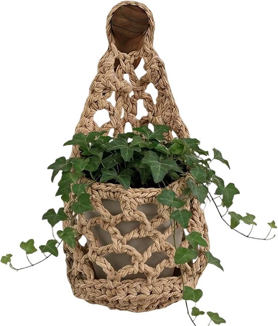 Macrame Plantenhangers - 32*16cm - Boho Katoen Hangpot - Hangende Bloempot met Kralen - Macramé Touw/Koord Hangplant Houder - Bohemian Wandhanger Decoratie - Plant Hanger - Verticale Tuin Bloempothouder Planthanger - Voor Binnen/Buiten - Bruin