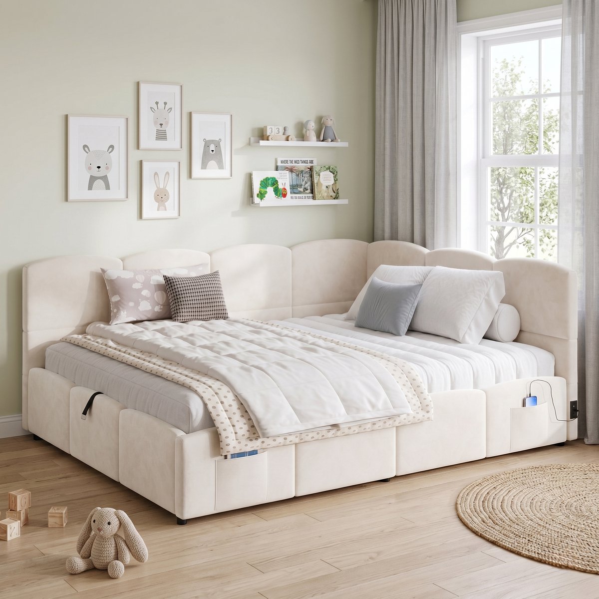 Sofabed 140x200 - Gestoffeerd Bed Met Opbergruimte - Beige - USB En Lattenbodem
