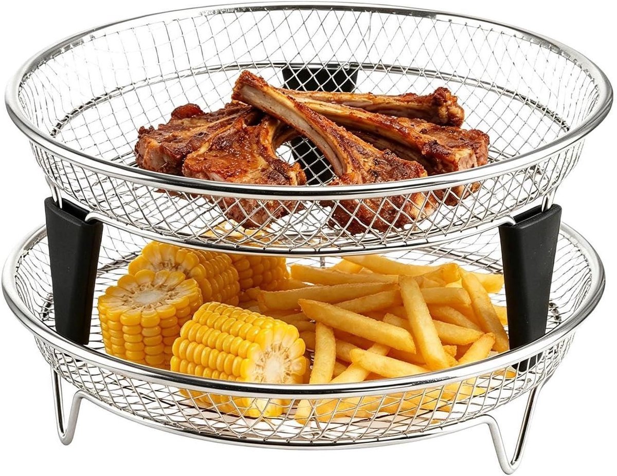 Airfryer Mand - RVS Plank - Gezond Koken - Stapelbaar Ontwerp - 2 Delige Set - Zilver