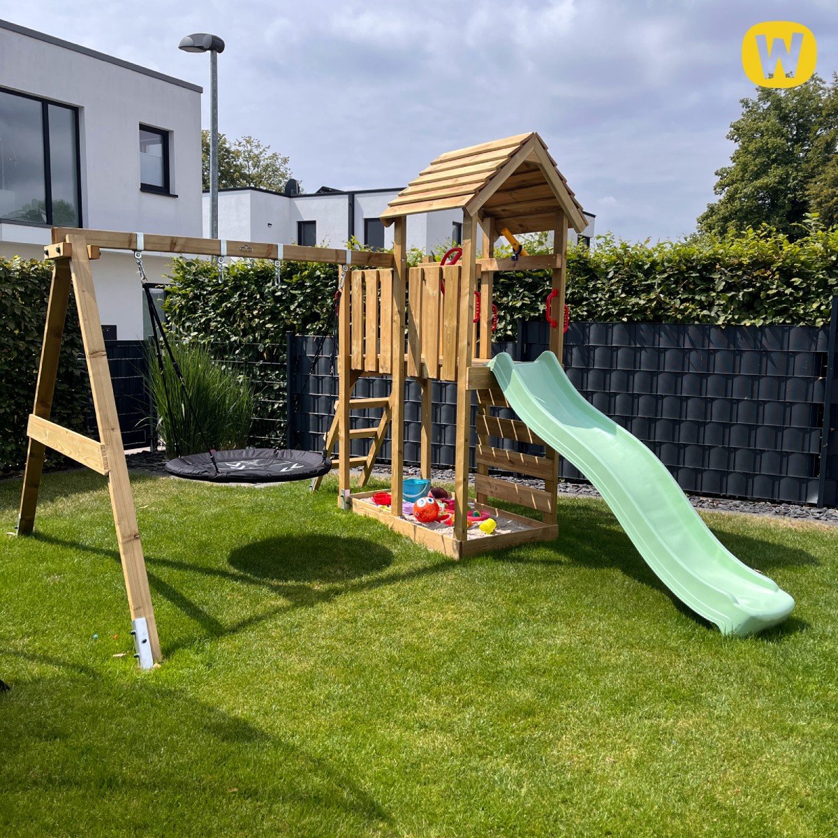 Wickey MultiFlyer Speeltoestel met Houten Dak - Dubbele schommel met Glijbaan - Klimwand & Zandbak - 293x406x260 cm - Antraciet — afbeelding 5