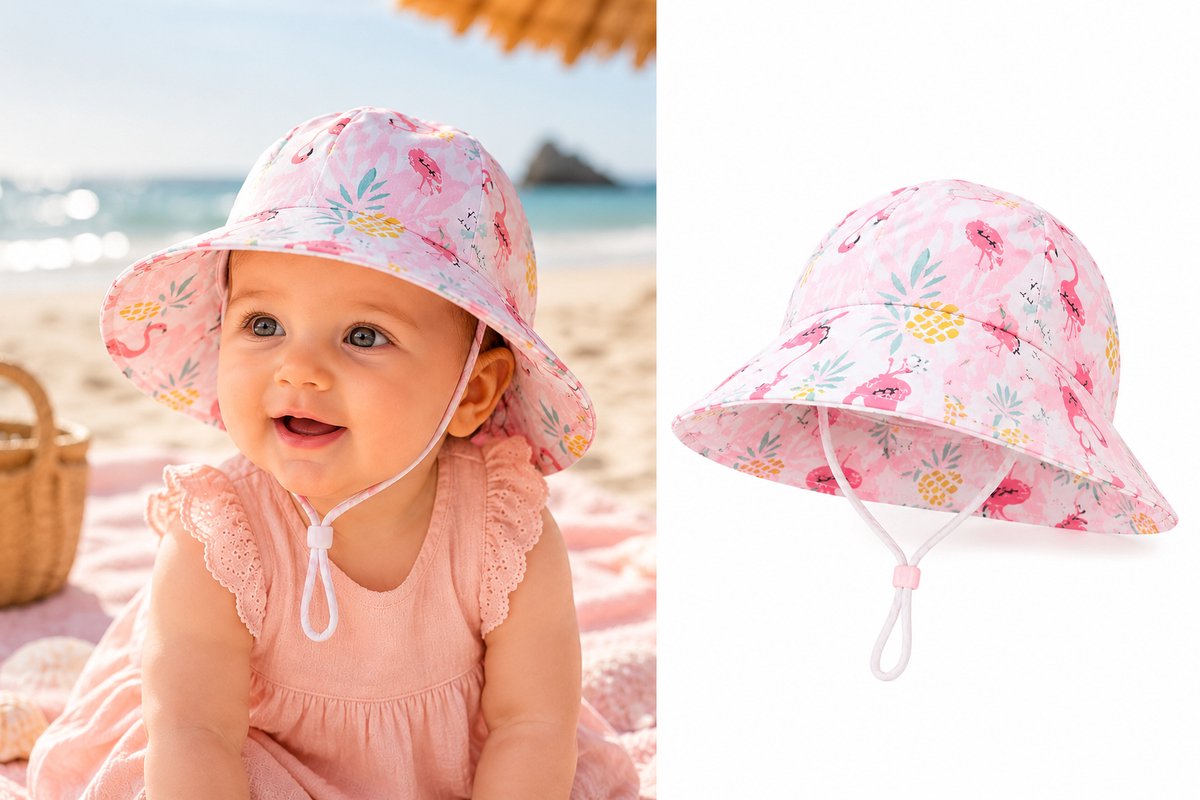 Baby Zonnehoedje Meisje Roze Flamingo – UV Bescherming – Katoen – Maat 48 – Geschikt voor 9 tot 24 Maanden