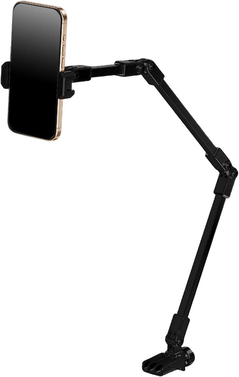 Tablet Telefoon Stand - Verstelbare Lange Arm - Comfortabel Kijken - 360 Graden Draaibaar - 80 mm Klem - Zwart