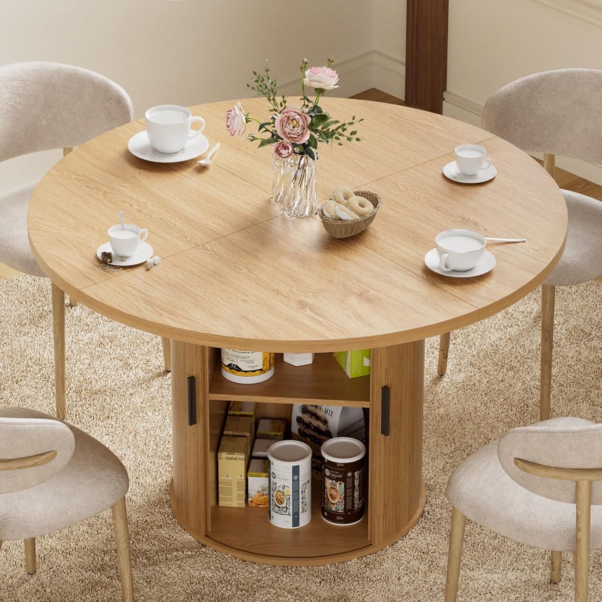 Hommpa Ronde Eettafel 120 cm met Opbergruimte – Houten Keukentafel voor 4 Personen met 2-Laags Opbergplanken en Schuifdeur – Moderne Dining Tafel met Stevige Voet – Naturel