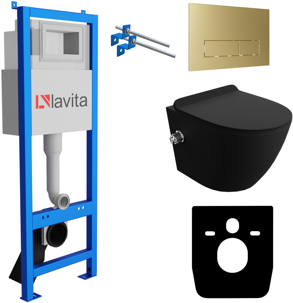 LAVITA® Inbouwreservoir Complete Toiletset LAV 101 - Inbouw WC Hangtoilet Wandcloset SALTO BLACK Zwart Mat - Bedieningsplaat 200.3.5 Gouden - Voorwandelement voor toilet 40cm - Installatiesysteem