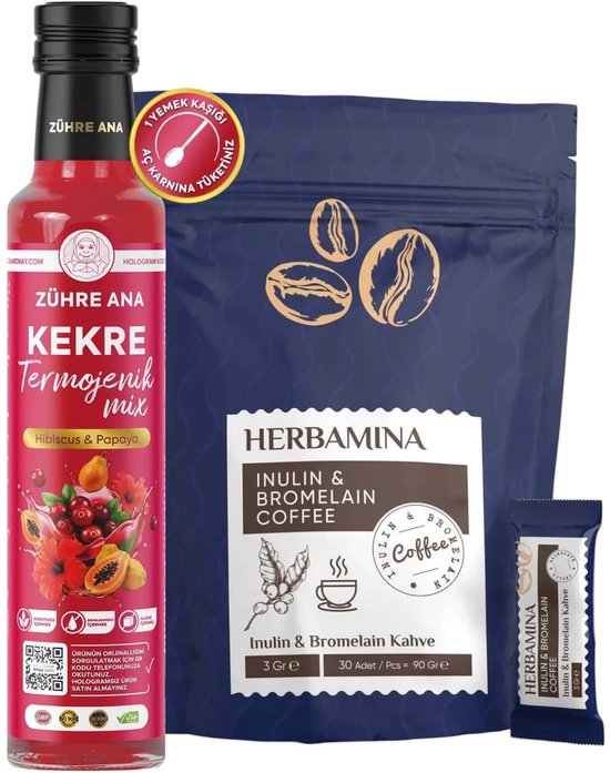 Een rood flesje met Zühre Ana Kekre Termojenik Mix Hibiscus & Papaya en een blauw zakje Herbamina Inulin & Bromelain Coffee.