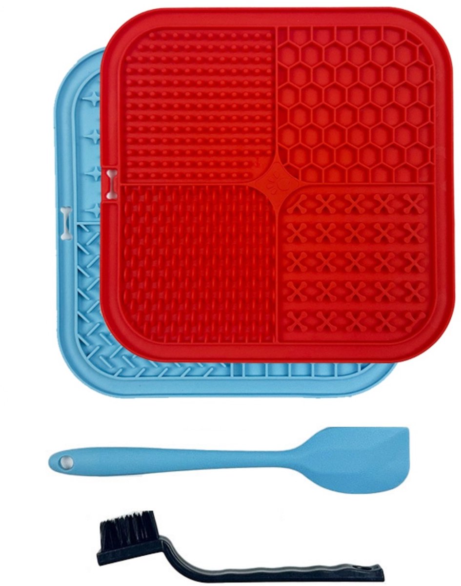 TOVBMUP Likmat Hond - Likmat Voermat Hond - voermat - Slowfeeder Hond - met Silicone spatulas en borstel - Blauw /Rood - 2 stuks