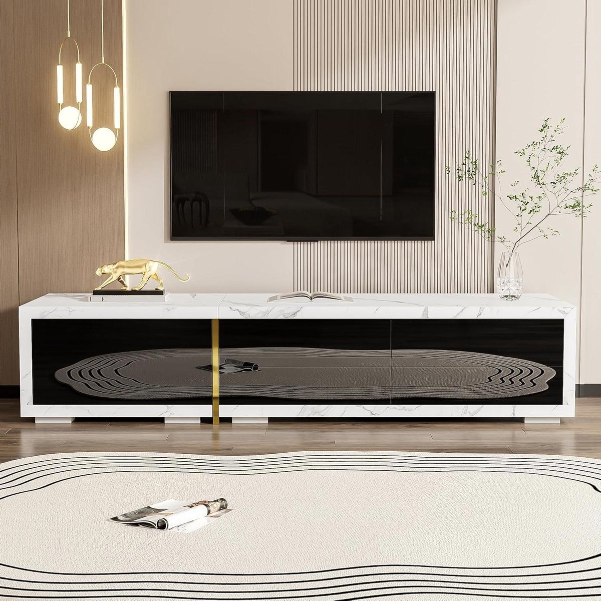 Modern TV Cabinet 140-260 cm Variable, Rotatable and Extendable, Black Marble Look with White Finish and Gold Accents, Large Storage Space, Stylish Lowboard for Living Room