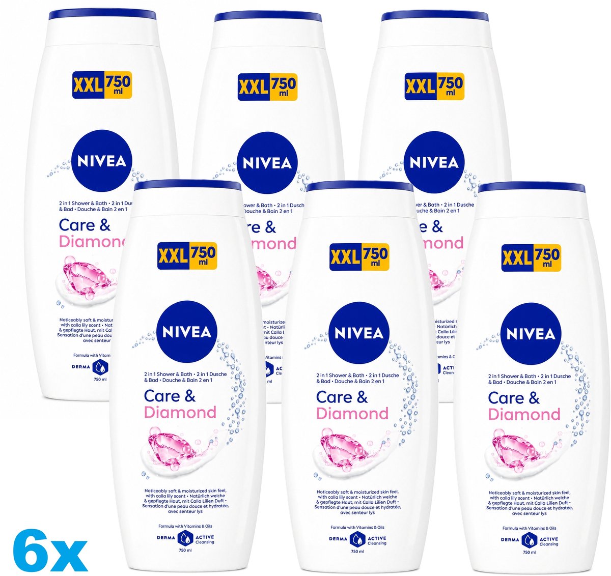 NIVEA Care & Diamond Douchegel – 6 x 750 ml – 2-in-1 Shower & Bath – Hydraterend & Verzorgend
