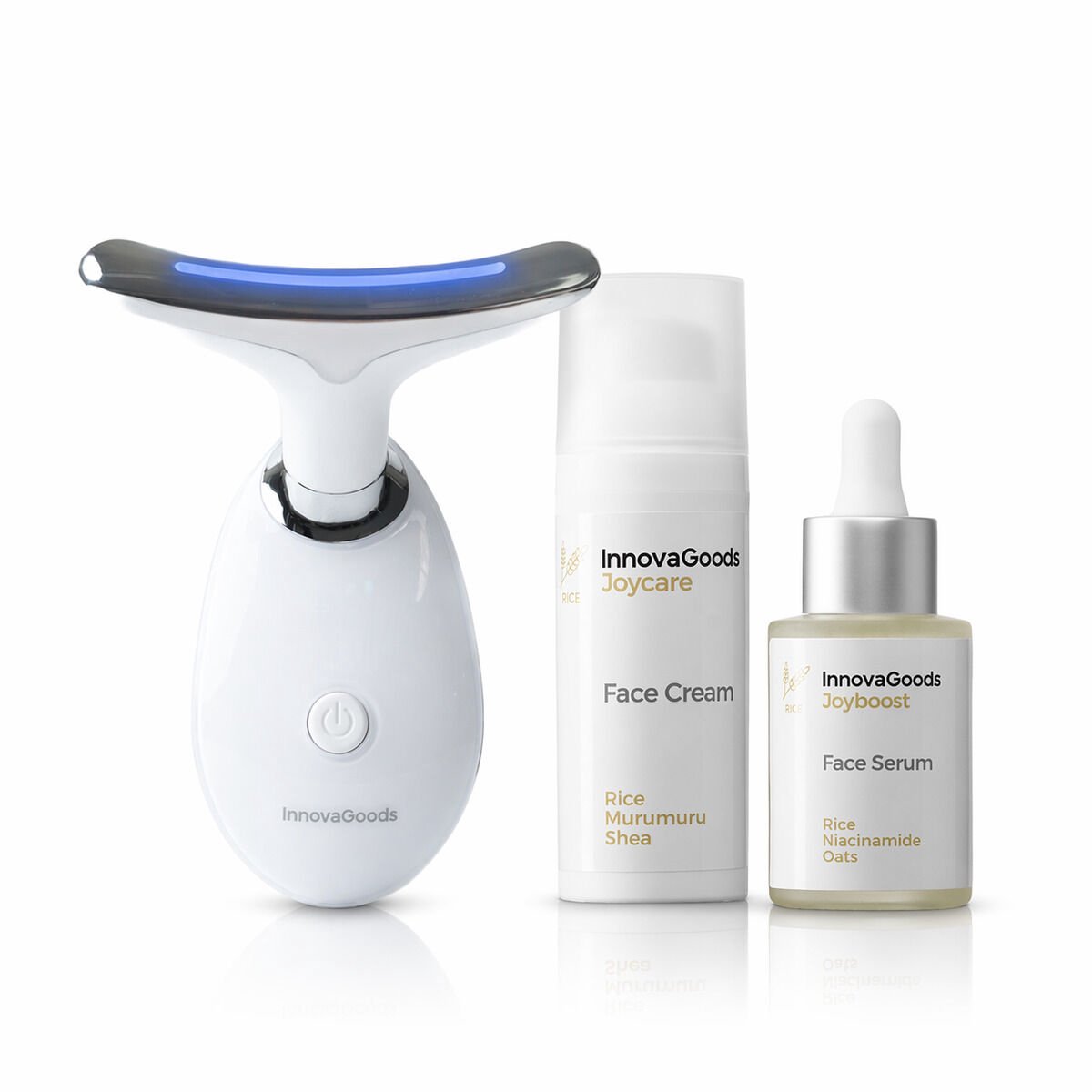 Pack Gezichtsmassager, Gezichtsserum Rice Joyboost 30 ml en Gezichtscrème Rice Joycare 50 ml InnovaGoods