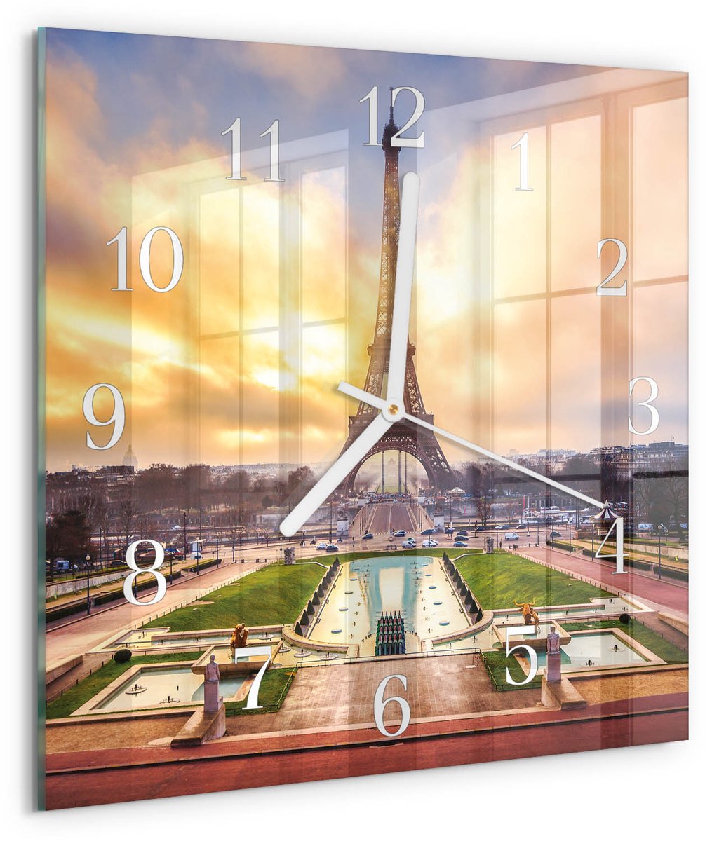 Tulup Wandklok - Eiffeltoren Wandklok Glas Met Motief - 30x30 cm - Veelkleurig Decoratieve Glazen Klok - Witte Handen - Vierkante Wandklok - Klok Glas Met Opdruk - Moderne Wandklok Glas