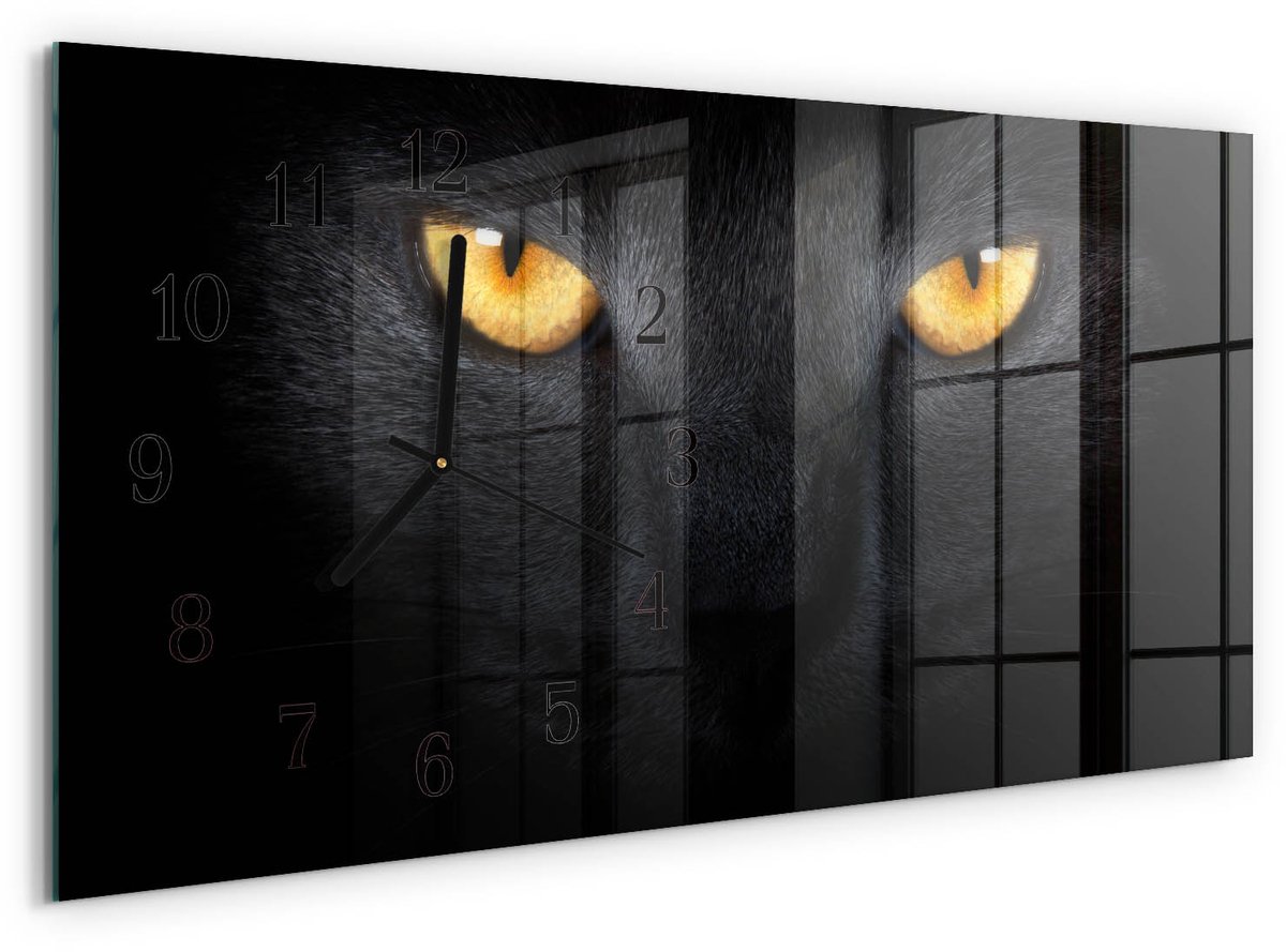 TULUP Wandklok - Kat Glazen Klok Met Print - 60x30 cm - Zwart Moderne Glazen Wandklok - Zwarte Handen - Rechthoekige Wandklok - Gekleurde Glazen Klok - Glazen Klok Met Print Zwart - Kat