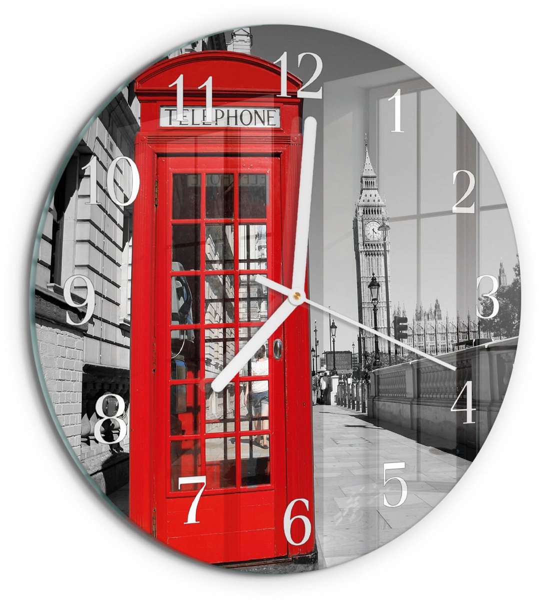 TULUP Wandklok - Rode telefooncel Moderne Glazen Wandklok - 30fi cm - Rood Wandklok Glas Met Motief - Witte Handen - Ronde Wandklok - Glazen Wandklok Design - Klok Glas Met Opdruk Rood - Rode telefooncel