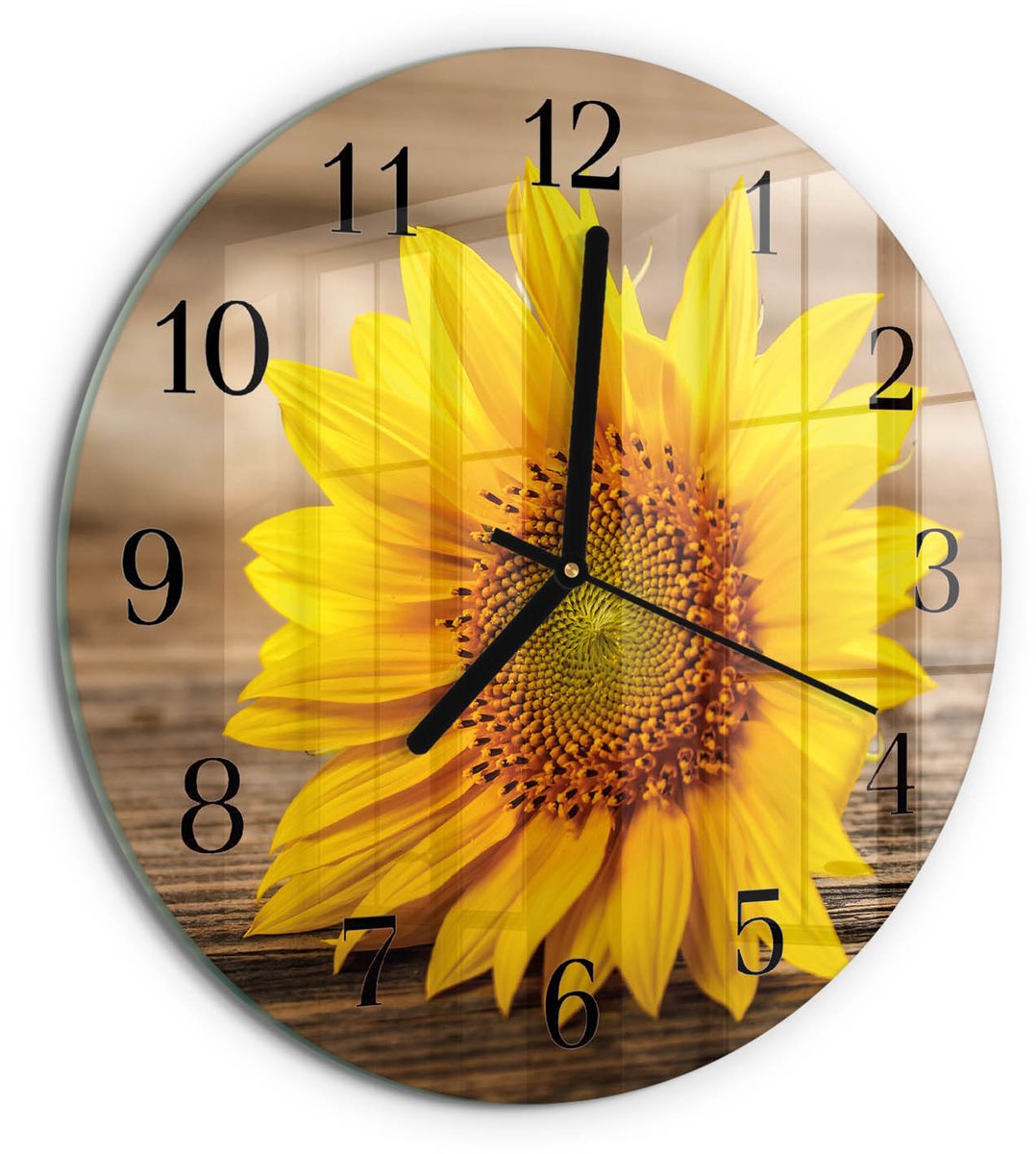 TULUP Wandklok - Zonnebloem Klok Glas Met Opdruk - 30fi cm - Geel Moderne Wandklok Glas - Zwarte Handen - Ronde Wandklok - Wandklok Glas Met Motief - Decoratieve Glazen Klok Geel - Zonnebloem