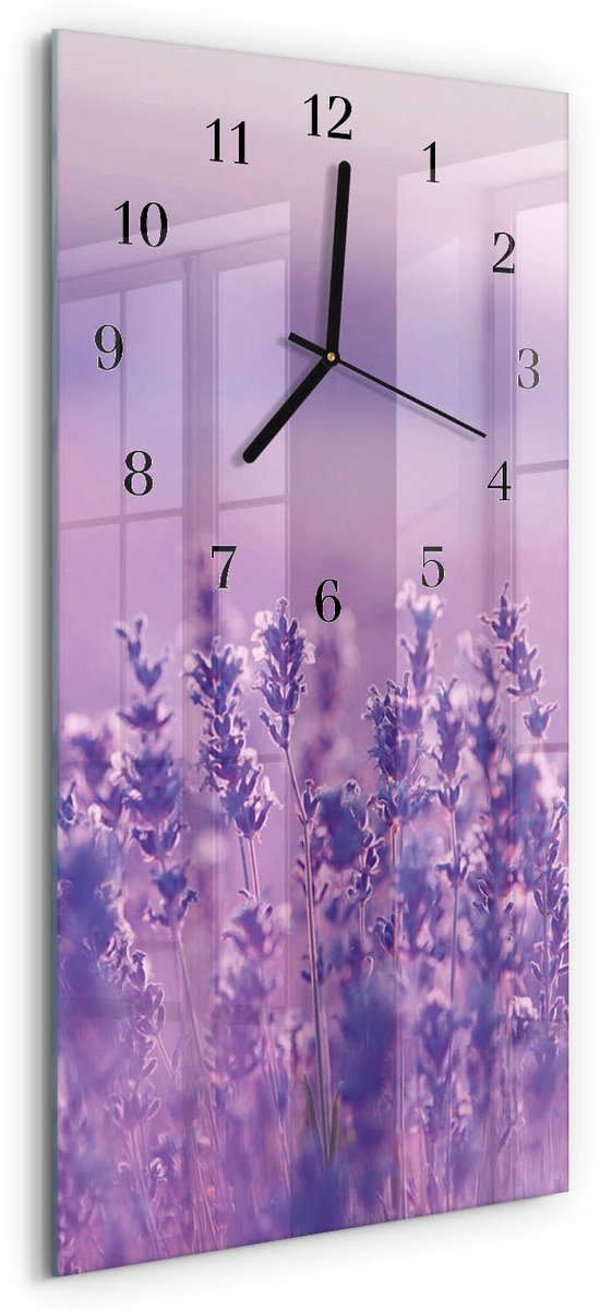 TULUP Wandklok - Lavendel Moderne Glazen Wandklok - 30x60 cm - Paars Wandklok Glas Met Motief - Zwarte Handen - Rechthoekige Wandklok - Glazen Klok Met Print - Wandklok Glas Met Motief Paars - Lavendel