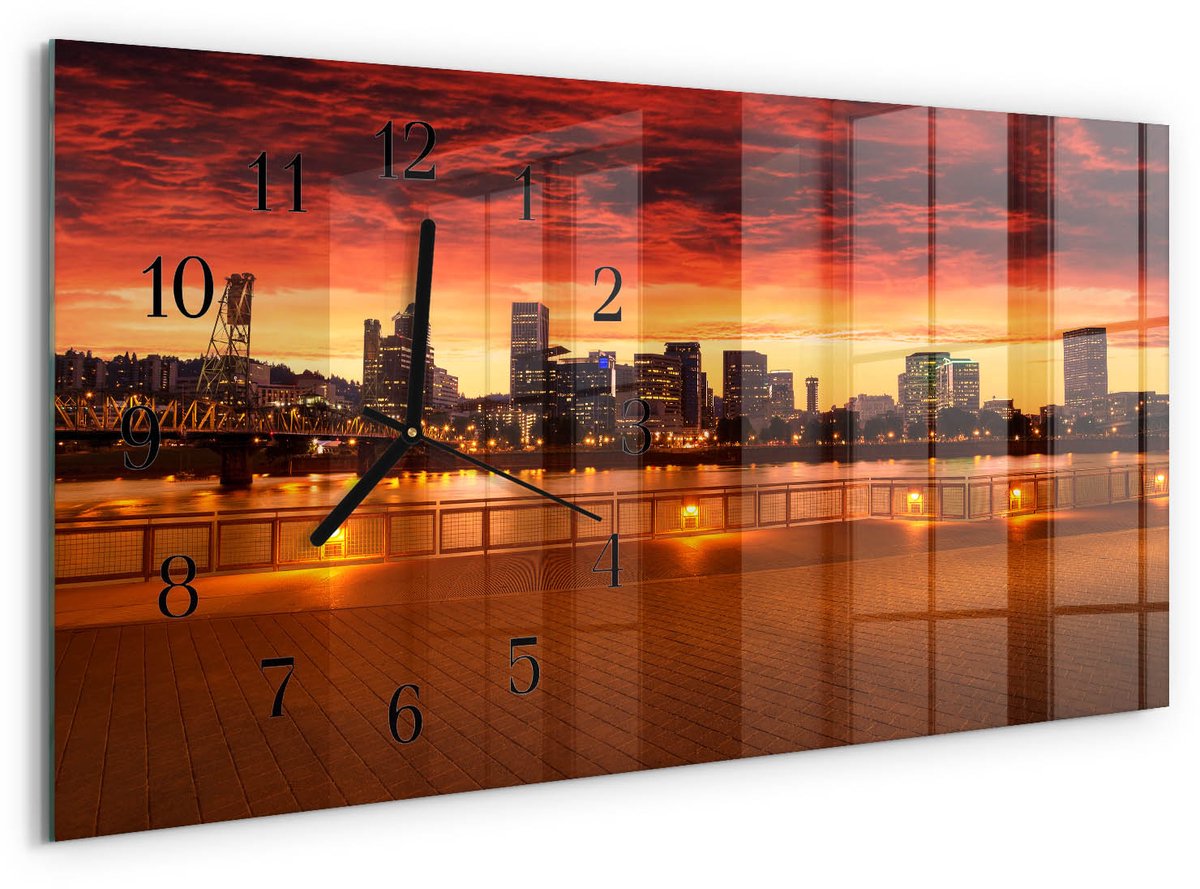 TULUP Wandklok - Zonsondergang Glazen Wandklok Design - 60x30 cm - Rood Klok Glas Met Opdruk - Zwarte Handen - Rechthoekige Wandklok - Wandklok Glas Met Motief - Decoratieve Glazen Klok Rood - Zonsondergang