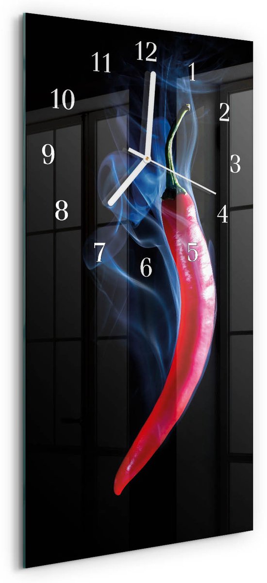 TULUP Wandklok - Peper Decoratieve Glazen Klok - 30x60 cm - Veelkleurig Glazen Wandklok Design - Witte Handen - Rechthoekige Wandklok - Glazen Wandklok Design - Klok Glas Met Opdruk Veelkleurig - Peper