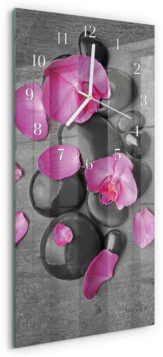 TULUP Wandklok - Orchideeënstenen Moderne Glazen Wandklok - 30x60 cm - Veelkleurig Wandklok Glas Met Motief - Witte Handen - Rechthoekige Wandklok - Wandklok Glas Met Motief - Decoratieve Glazen Klok Veelkleurig - Orchideeënstenen