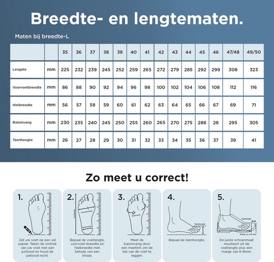 Maattabel en instructies voor het meten van voeten voor Liromed schoenen.