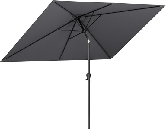 Parasol rectangulaire gris foncé, ouvert, montrant le dessous et le cadre.