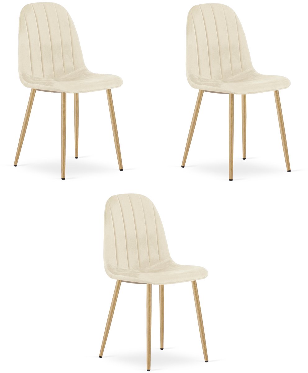 Set van 3 eetkamerstoelen PADVA - Fluweel licht beige – Poten in eikenlook – Modern design