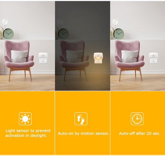 Nachtlampje met bewegingssensor Plug-in - LED- Nachtlampje Stopcontact - 3 standen - 3 stuks — afbeelding 2