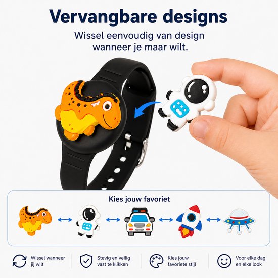 Hand wisselt oranje dinosaurus ontwerp op zwarte armband voor astronautenontwerp. Verwisselbare designs.