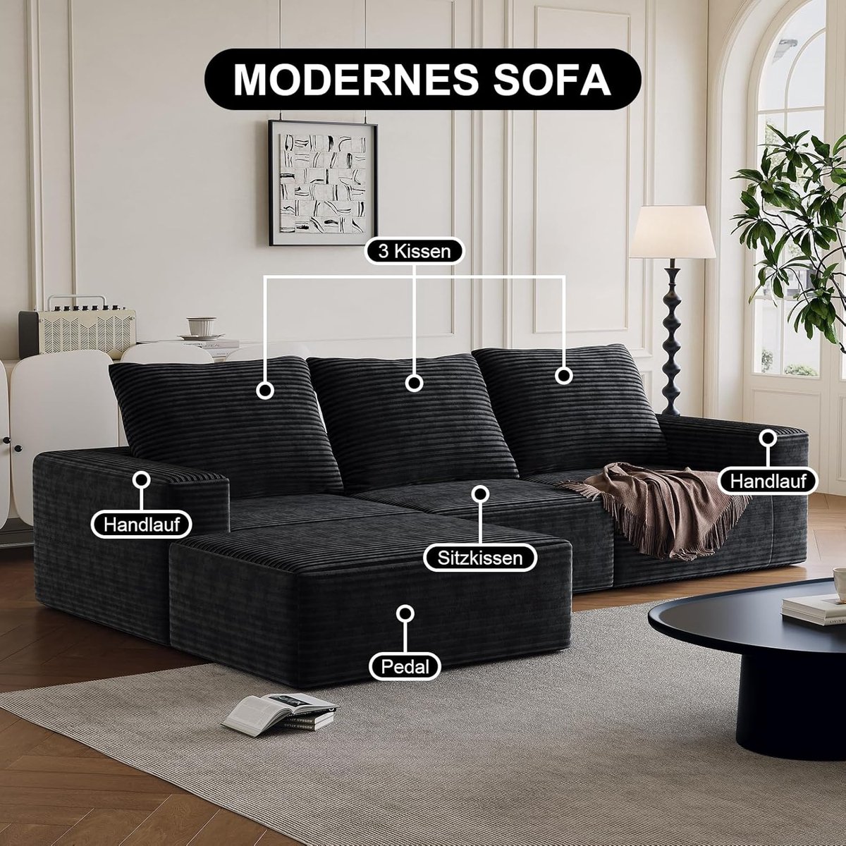 Luxe CloudFlex Modulaire Slaapbank met Ottomane en L-Vorm, 150x125x72 cm, Diepe Zit 120 cm, Frameloos Comfort, Zwarte Corduroy Design Bank voor Woonkamer & Lounge