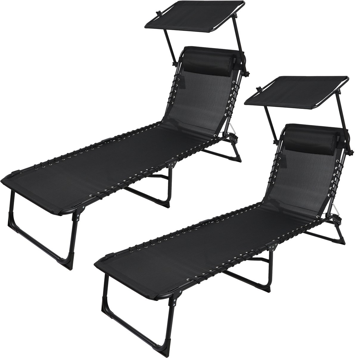 SET X 2 "LE PLAYA" LIGSTOELEN MET PARASOL EN KUSSEN ZWART