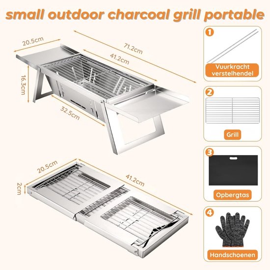 Draagbare Houtskoolgrill - Met 4 Hoogtestanden - Compacte Tafelbarbecue Opvouwbaar - Mini BBQ voor Camping, Picknick & Tuin - Verstelbaar Grillrooster - Zwart — afbeelding 2