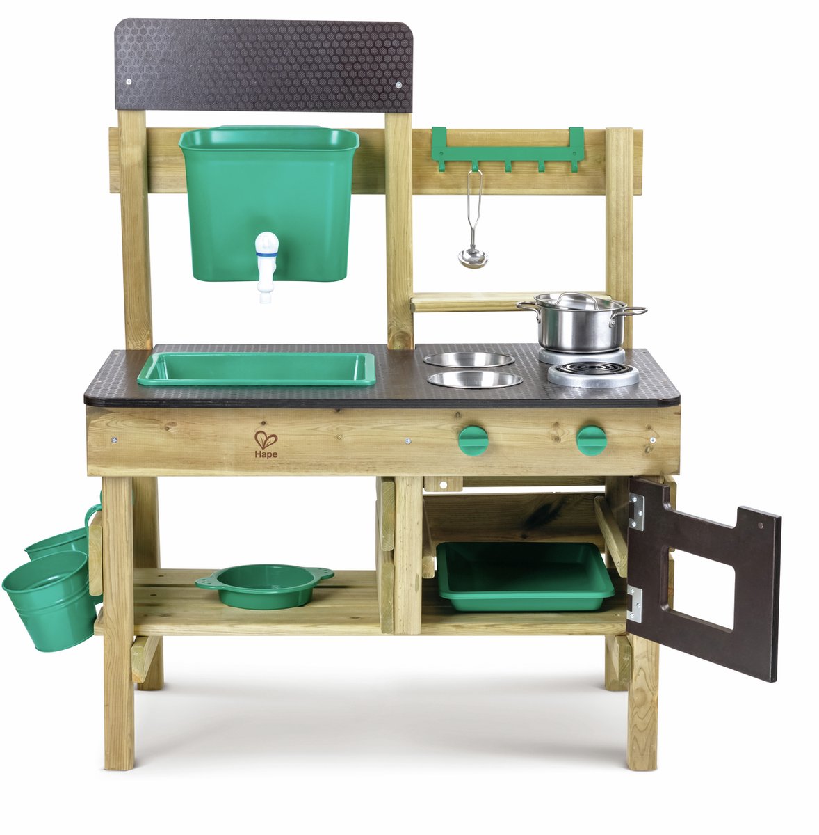 Hape Premium Buitenkeuken Modderkeuken - Speelkeuken Buiten met Watertank en Kraan - Duurzaam Hout - 3 Jaar+ — afbeelding 16