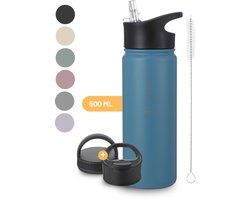 CoolFule Drinkfles - Oceaanblauw - Waterfles met Rietje - RVS Drinkfles - 500 ml - BPA-vrij - Dubbelwandig