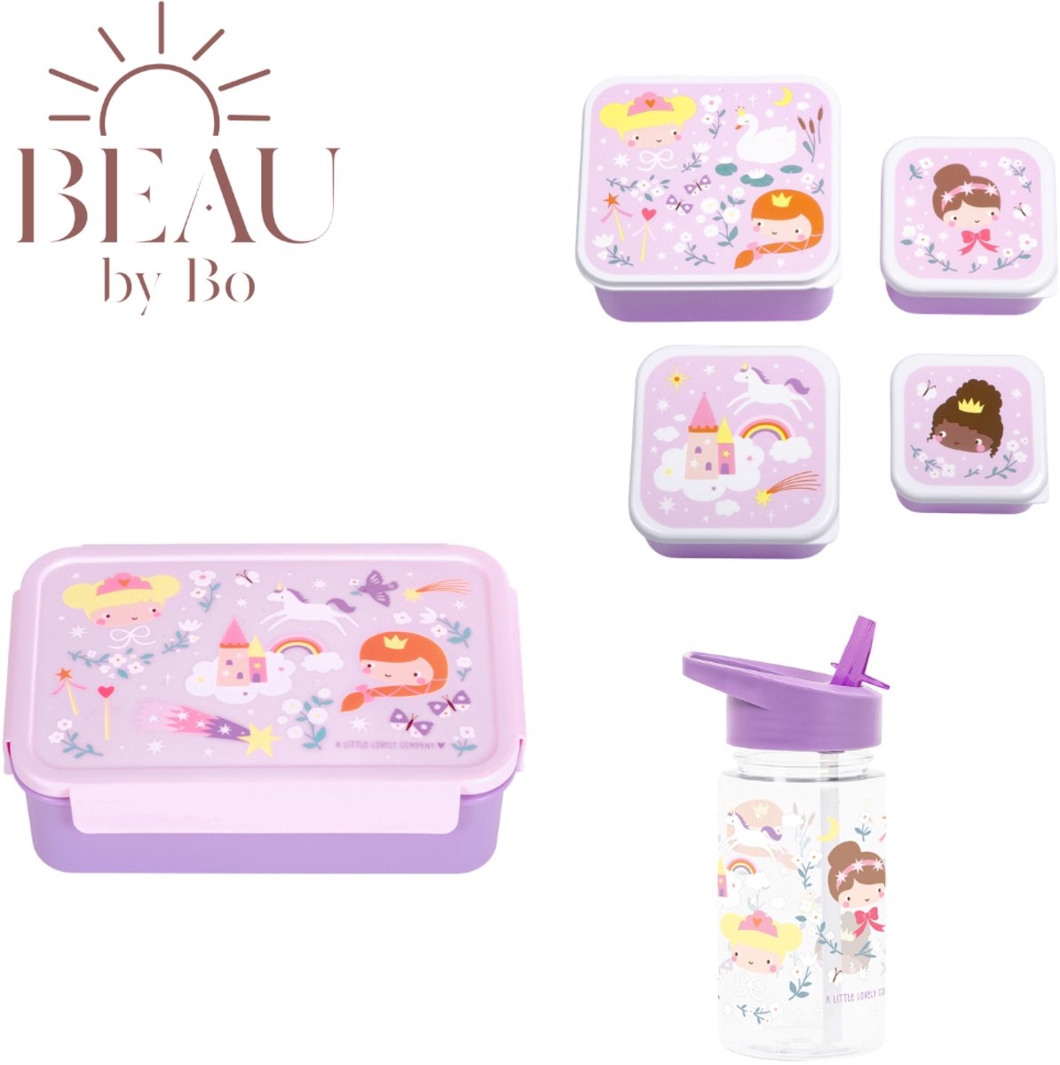Bundel A Little Lovely Company Back to school set - Drinkfles/4 Snackdozen/Bentobox - Princesses