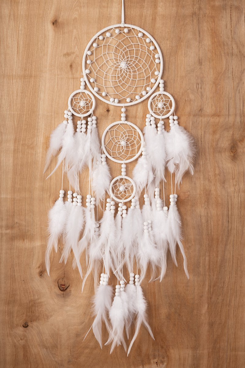 KIMU® Dromenvanger Mandala Wit - Dreamcatcher Veren Macramé - Bohemian Ibiza Kinderen Boho Babykamer Buiten Kado Meisjeskamer Veertjes Festival