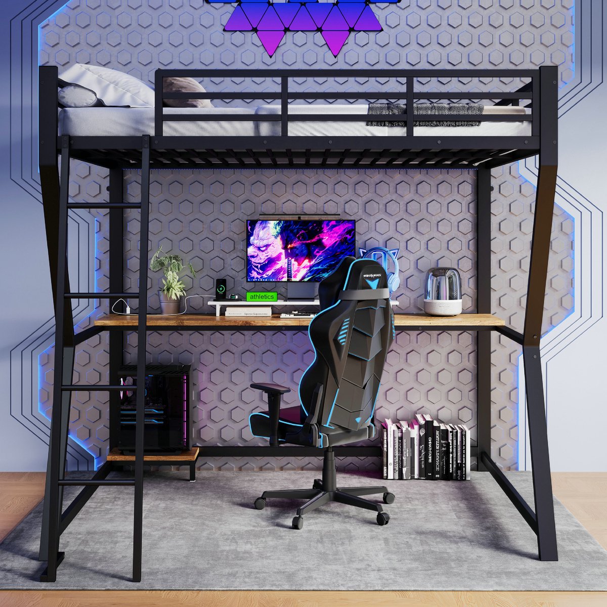 VVBV Hoogslaper 140x200 met bureau / Hoogslaper met bureau – met Trap, Opbergrekken, LED-Verlichting, USB – Metaal – Zwart – Zonder Matras