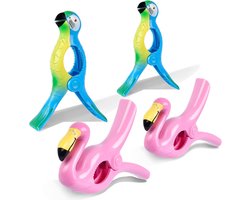 Strandhanddoekclips - Extra grote plastic clips - Badhanddoekclips - Reisclips - Leuke dierenclips - Geschikt voor strandstoelen, zwembad, terras of dagelijks gebruik - 4-delige set