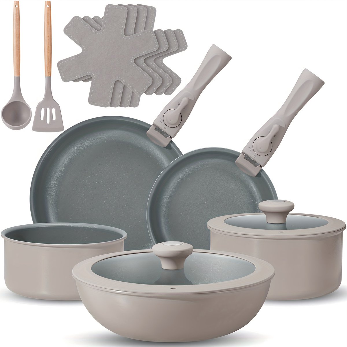 Pannen- Pannenset Inductie-17-delige- pannenset-Keramische Anti-aanbak Coating -afneembare handgrepen-geschikt voor ovenbestendig-(Lichtgrijs))