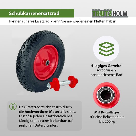 Kruiwagenwiel 390x95 mm 4.80 4.00-8 luchtbanden incl. as Reservewiel 4PR metalen velg 200 kg — afbeelding 3