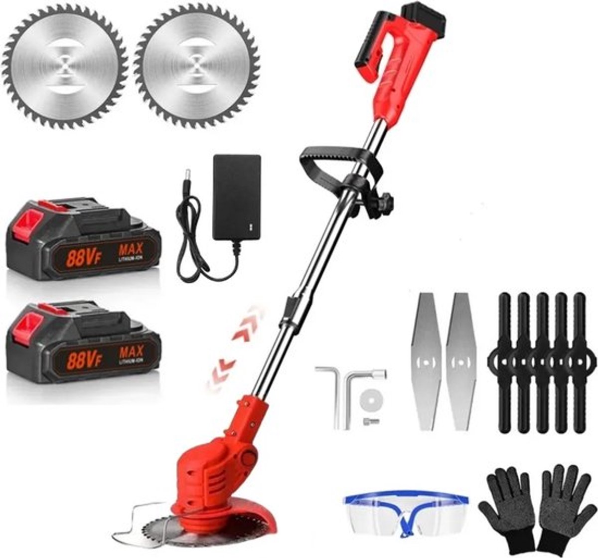 Traumheim® Accugrastrimmer, elektrische grasmaaier, met 2 accu's en oplader, 180° trimhoek, telescoopsteel & extra handgreep, rood