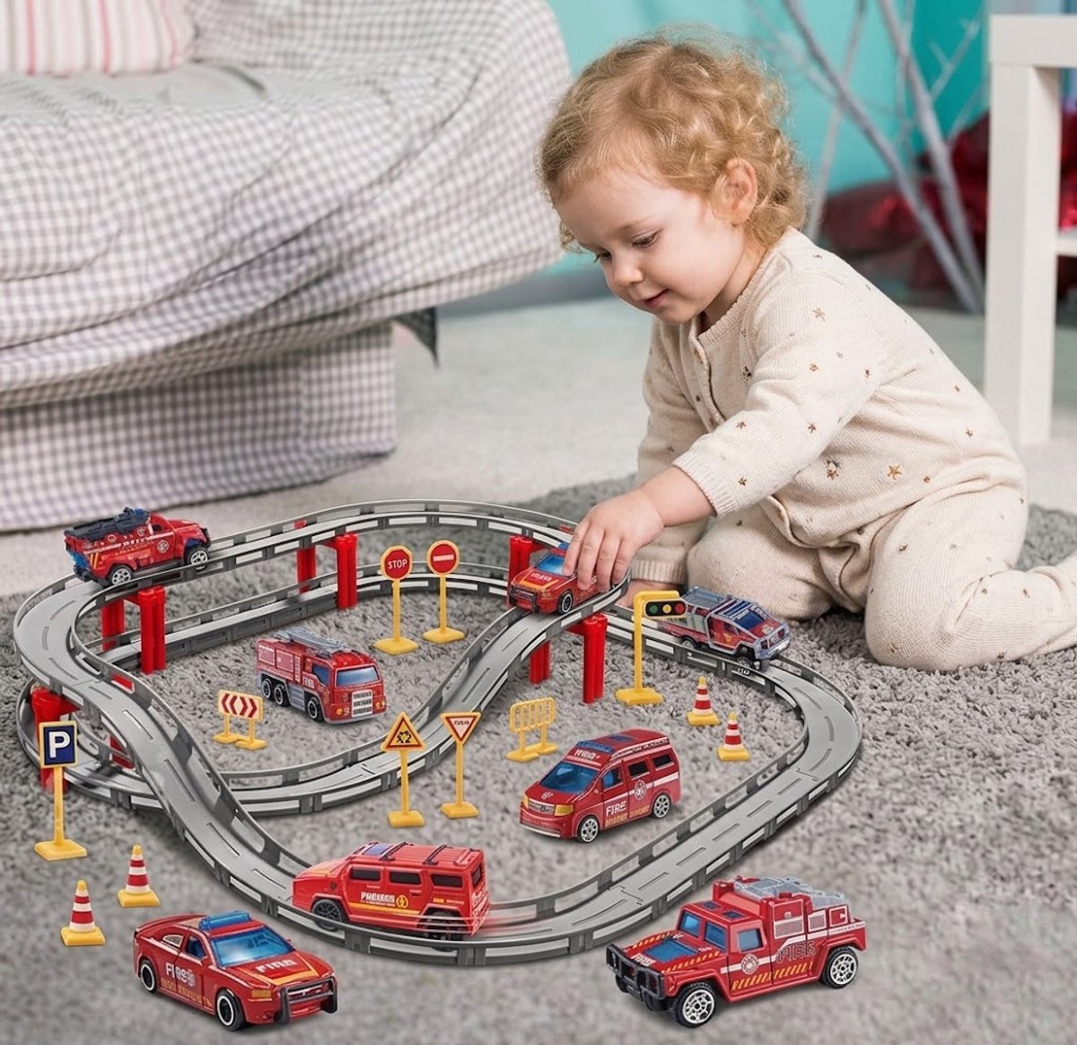 Brandweer Racebaan Speelset – Elektrische Railbaan met Die-Cast Brandweerwagens – Educatief & Creatief Speelgoed – Vanaf 3 Jaar