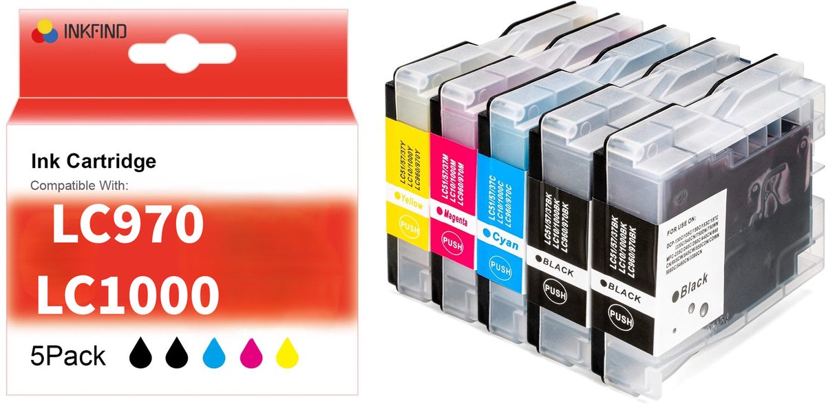 INKFIND LC970 LC1000 inktcartridge voor Brother LC970 LC1000 LC-970 LC-1100 inktcartridge multipack 5 stuks (Zwart x 2, Cyaan x 1, Magenta x 1, Geel x 1)