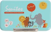 Squitos blikken doosje met stickers van een leeuw, beer, wasbeer, olifant en vos. Met zon en ballon met mug.
